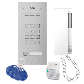 ZESTAW DOMOFONOWY ACO FAM-P-1NPZSACC + UNIFON INS-UP720B + ZASILACZ NA SZYNĘ DIN 15V